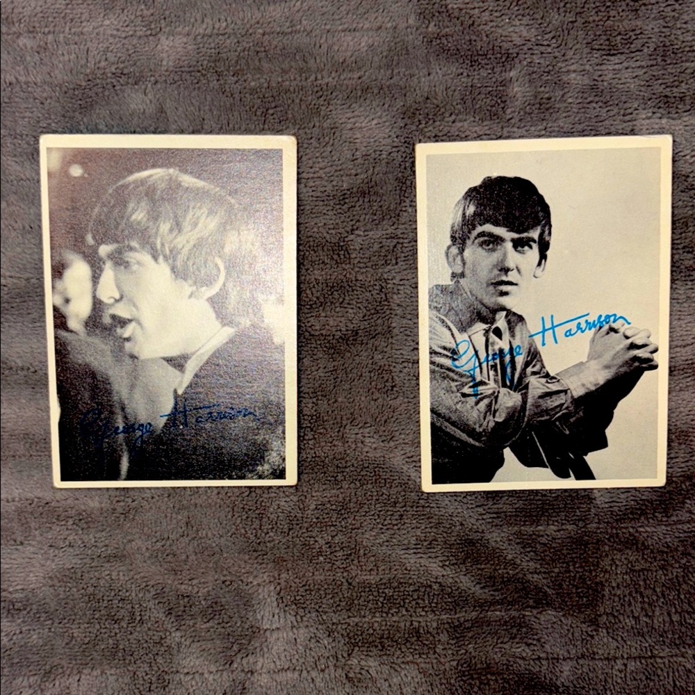 Vintage Black and White George Harrison trading cards signed